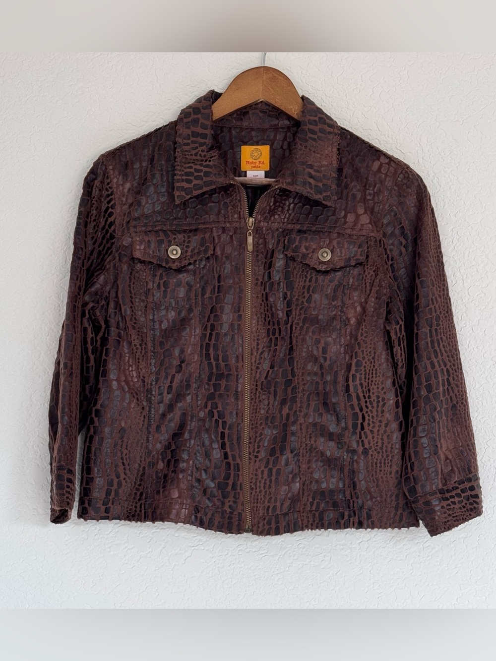 Ruby Rd. Brown Croc-Embossed Zip Front Jacket women